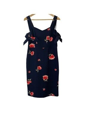 Ashley Graham Navy Floral Bow Sleeve Cocktail Sheath Dress Size 10 Garden Party